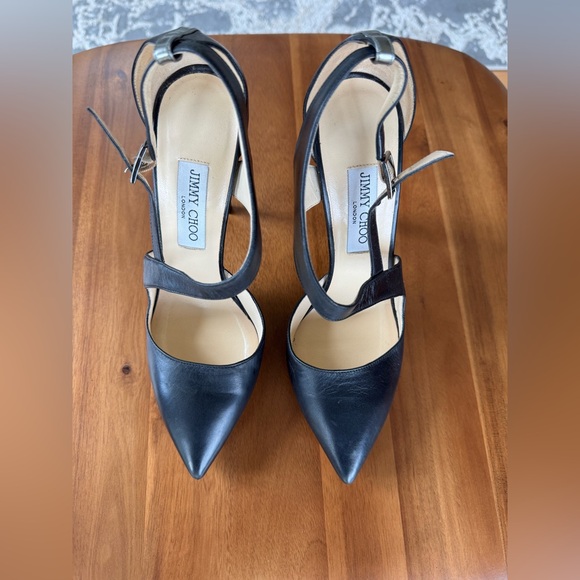 Jimmy Choo Black Leather Ankle Strap Pointed-Toe Stiletto Heels. 8.5 - Picture 1 of 6